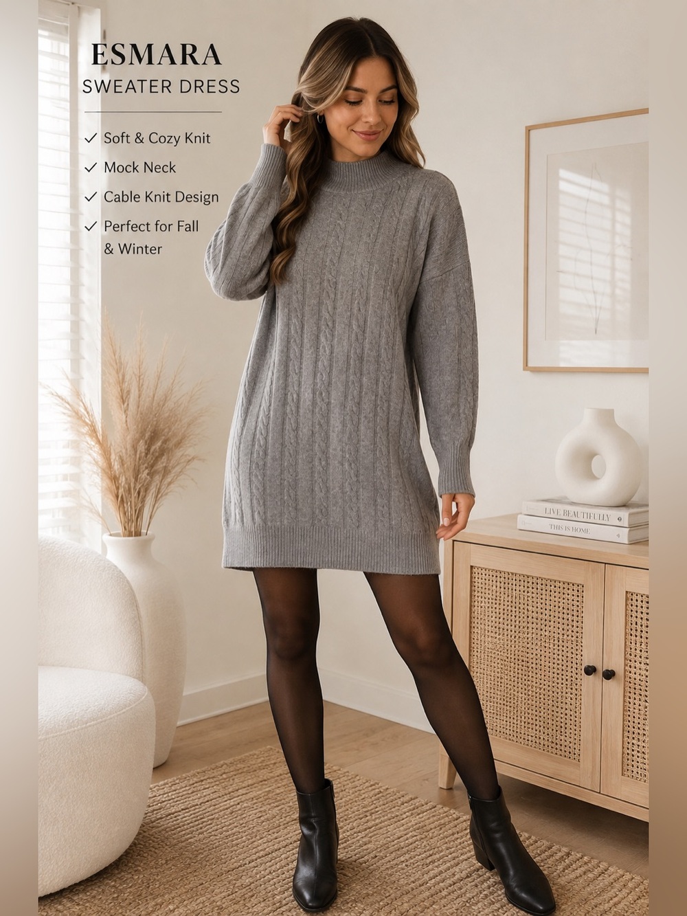 Esmara Gray Cable Knit Mock Neck Sweater Dress Women’s Medium 8/10 Soft Cozy